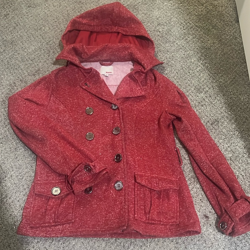 Hooded heathered red pea coat